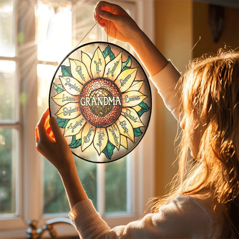 Personalized Grandma Grandkids Sunflower Stained Glass Suncatcher