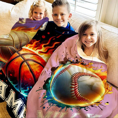 Personalized Flaming Basketball Football Sports Ball Design Blanket