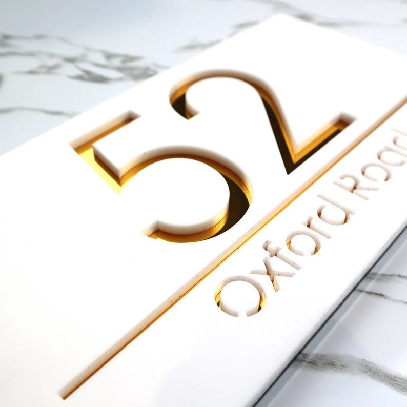 Laser Cut Matt White & Gold Mirror Personalised Door Numbers House Sign Plaques Number Laser Cut 3d Number