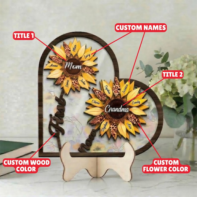 Custom First Mom Now Grandma Sign, Personalized Kid's Name SunFlower Wooden Art