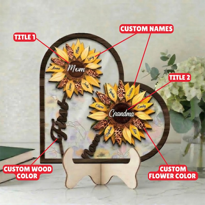 Custom First Mom Now Grandma Sign, Personalized Kid's Name SunFlower Wooden Art