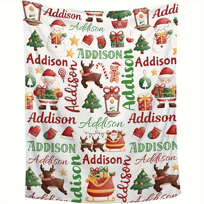 Christmas Santa and Reindeer Flannel Blanket - Personalized Name Lightweight Fleece Throw