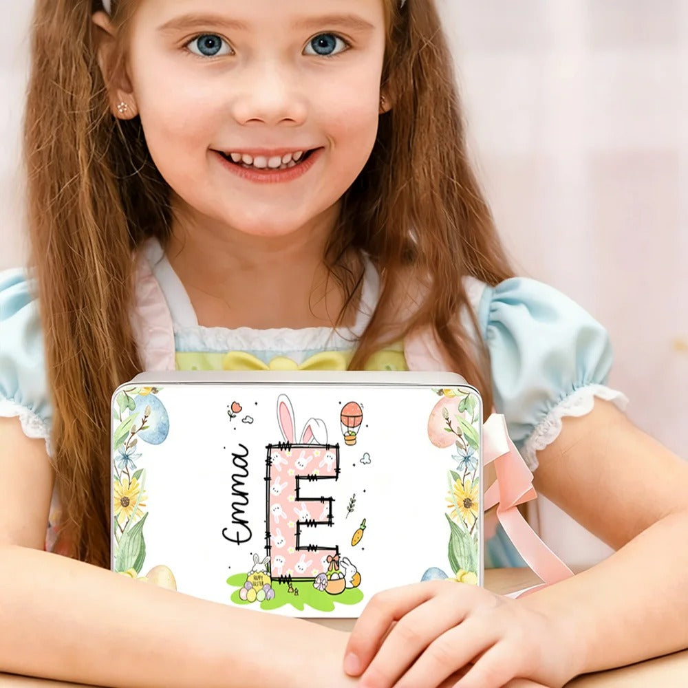 Personalized Floral Bunny Initial Easter Egg Biscuit Tin Box
