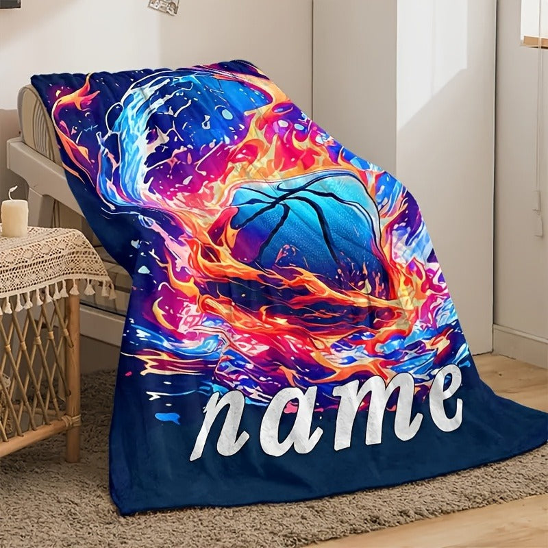 Custom Text Creative Basketball Fire and Ice Print Flannel Blanket