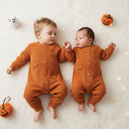 Custom Name Back Baby Halloween Romper, 3D Pumpkin Knit Jumpsuit