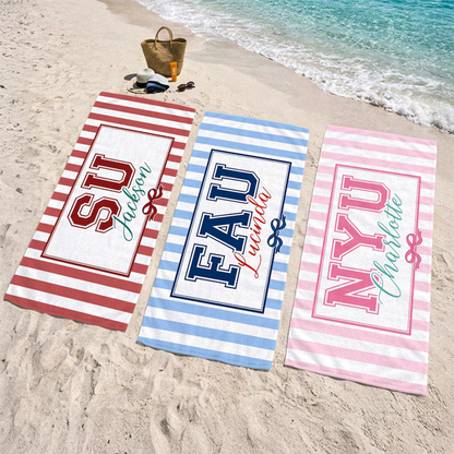 Personalized School Striped Beach Towel with Bow: College University Pride Spirit Gift,