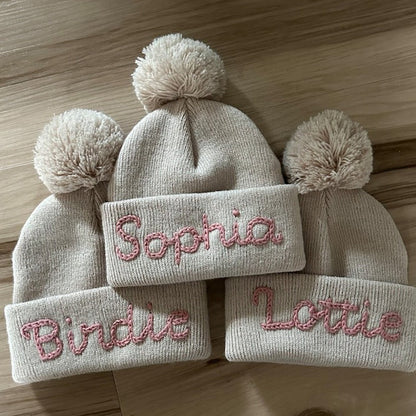 Personalized Hand Embroidered Name Winter Pom-pom Hat