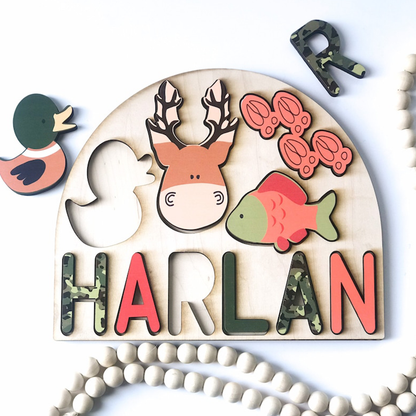 Sportsman name puzzle with deer, mallard duck and fish for kids