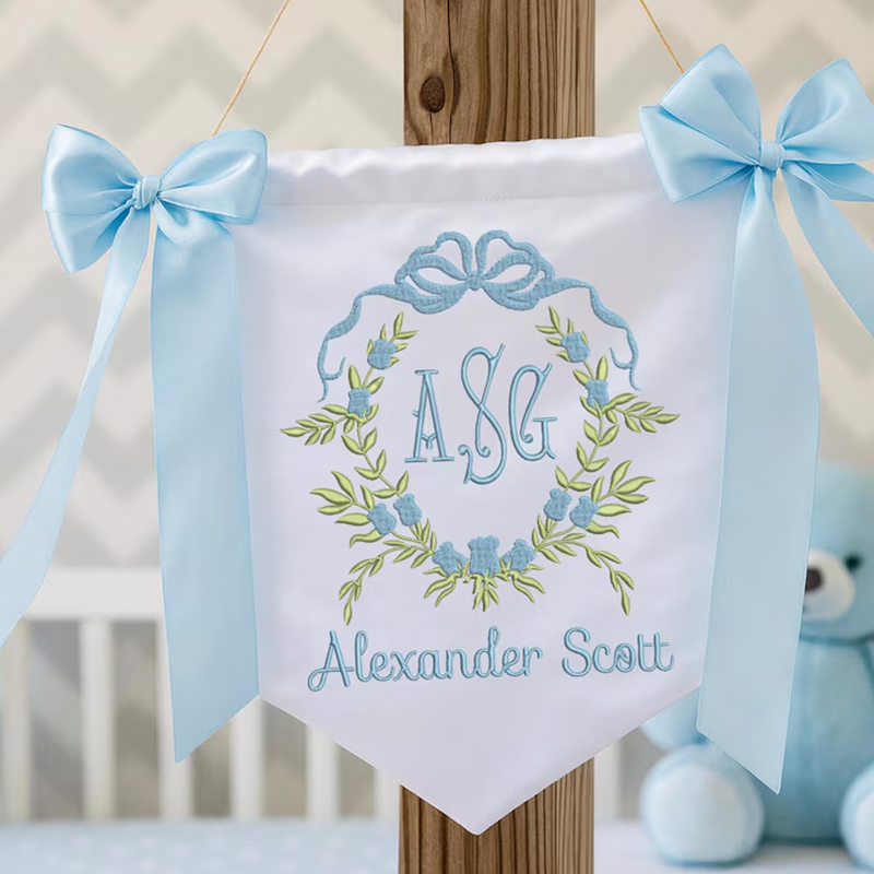 Personalized Baby Banner, Floral Crest Welcome Banner with bows