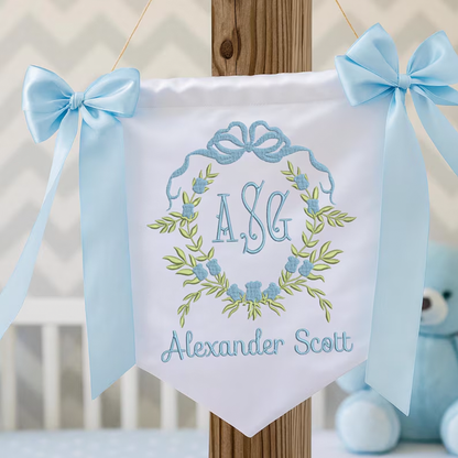 Personalized Baby Banner, Floral Crest Welcome Banner with bows