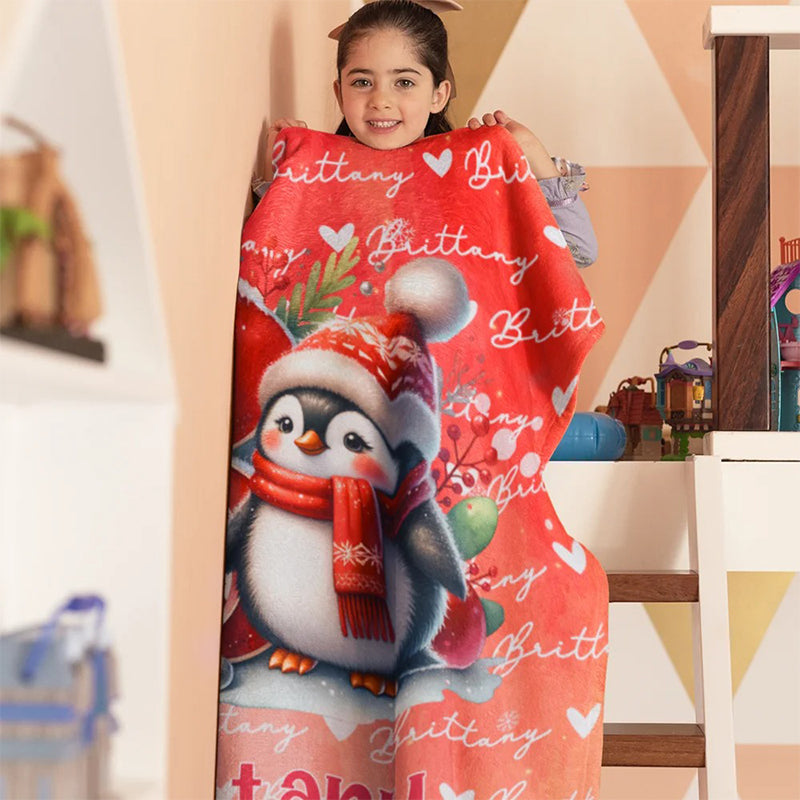 Personalized Santa Hat Snowman Penguin Initial Word Cloud Blanket