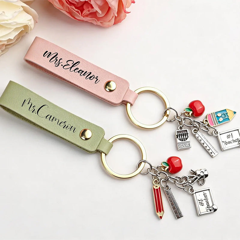 Personalized Teacher Keychain,Teacher Appreciation Gift,Custom Name Leather Keychain