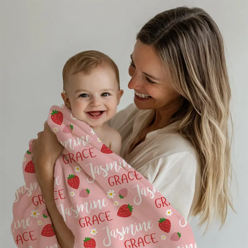 Personalized Strawberry Blanket, Custom Baby Name Blanket