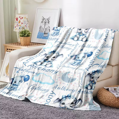 Custom Your Name Blanket, Cute Elephant Print Text Blanket