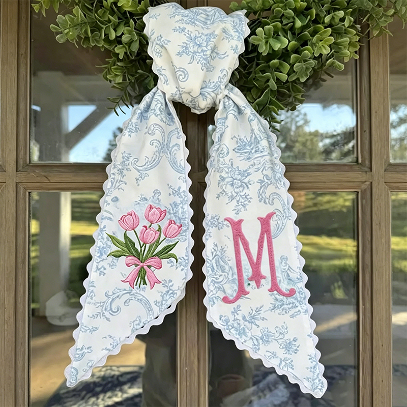 Personalized Tulip Monogram Sash, Toile Ribbon Wreath Decor