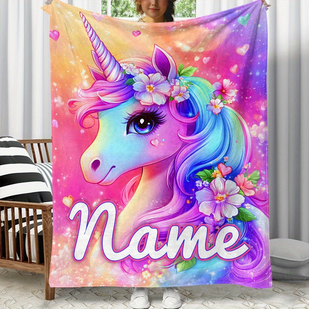 Custom Name Beautiful Dazzling Flower Unicorn Print Portable Blanket