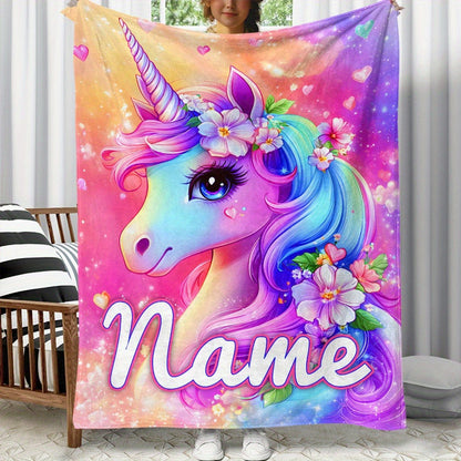Custom Name Beautiful Dazzling Flower Unicorn Print Portable Blanket