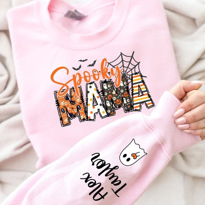 Custom Halloween Spooky Mama Sweatshirt with Kids Name on Sleeve Sweatshirt