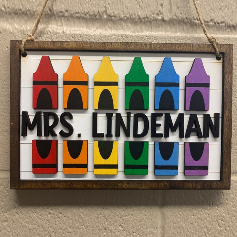 Personalized Teacher Rainbow Crayon Wood Door Sign