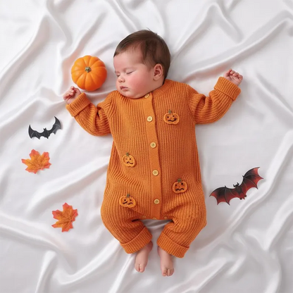 Custom Name Back Baby Halloween Romper, 3D Pumpkin Knit Jumpsuit