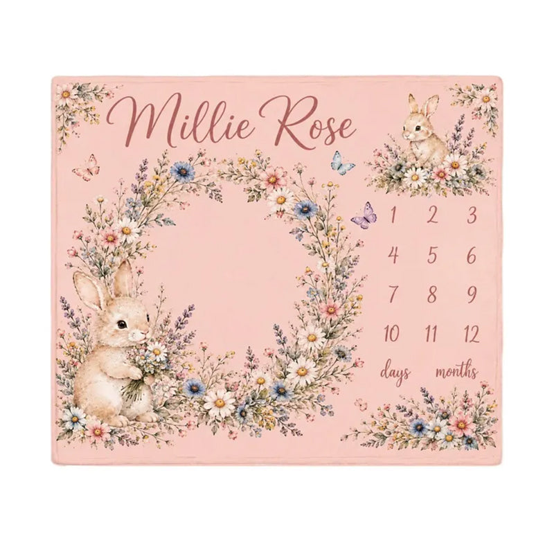 Personalized Bunny Floral Milestone Blanket, Customized Baby Month Flowers Blanket