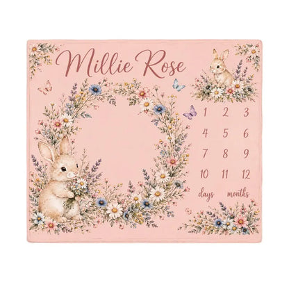 Personalized Bunny Floral Milestone Blanket, Customized Baby Month Flowers Blanket