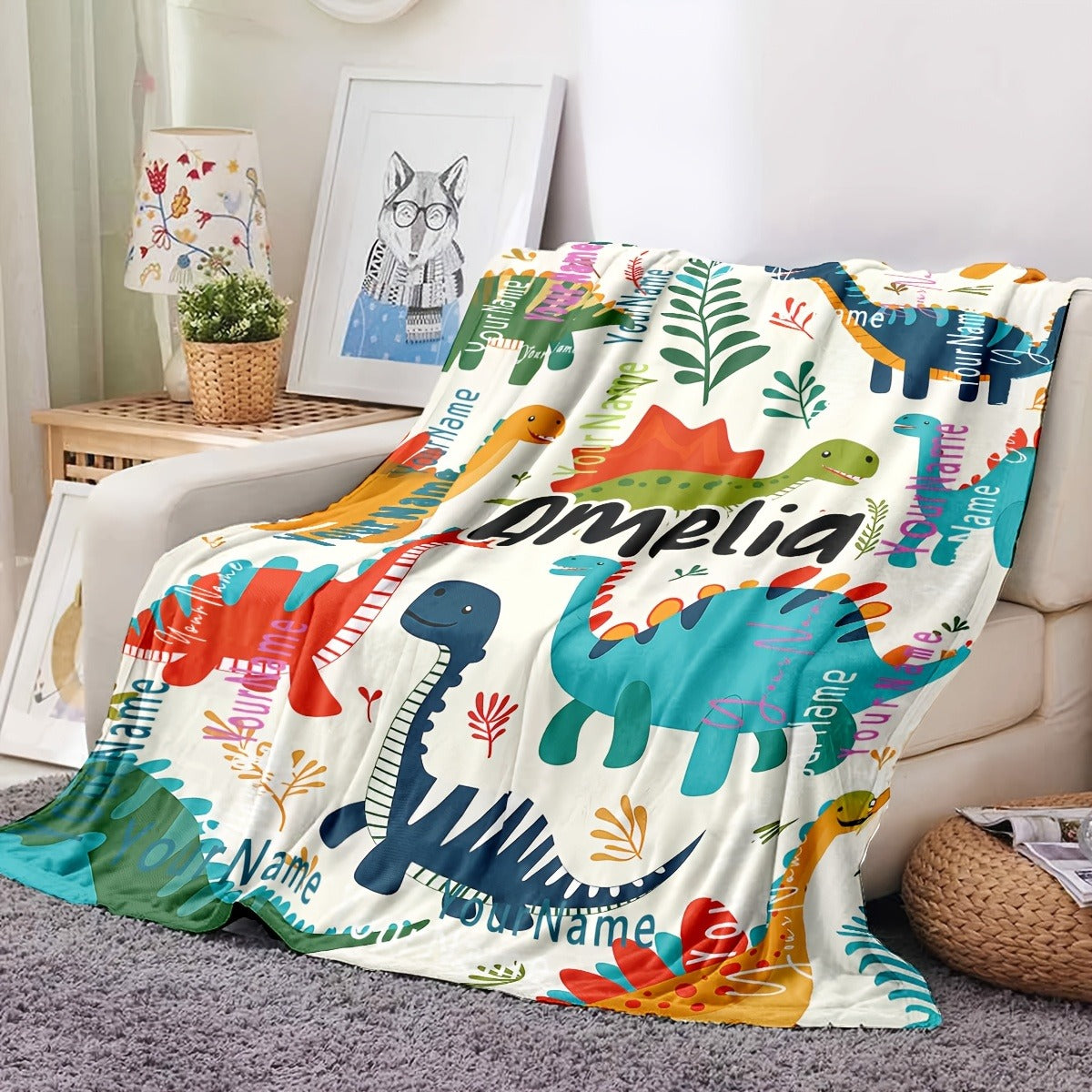 Text Custom Dinosaur Jurassic Cartoon Plant  Custom Name Personalized Blanket