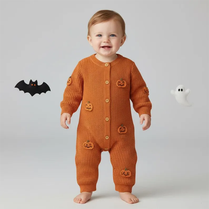 Custom Name Back Baby Halloween Romper, 3D Pumpkin Knit Jumpsuit