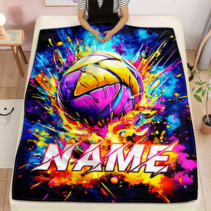 Custom Name Cool Spray Paint Volleyball Blanket, Lightweight Flannel, Soft and Warm