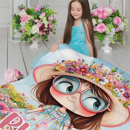 Personalized Cartoon Quirky Flower Girl Throw Blanket with Name