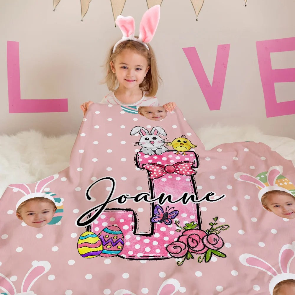 Personalized Easter Colorful Polka Dot Bunny Chick Initial   & Face Photos Blankets