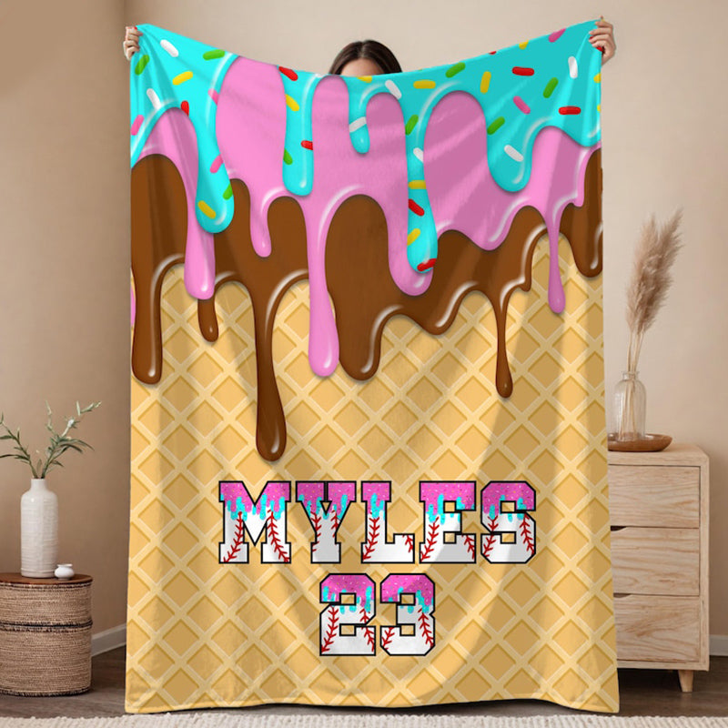 Custom Baseball Drip Blanket, Personalized Ice Cream Drip Baseball Blanket