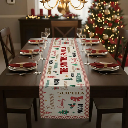 Family Name Word Christmas Theme, Personalized Table Runner