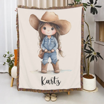 Personalized Cartoon Cowboy Tassel Blanket with Name