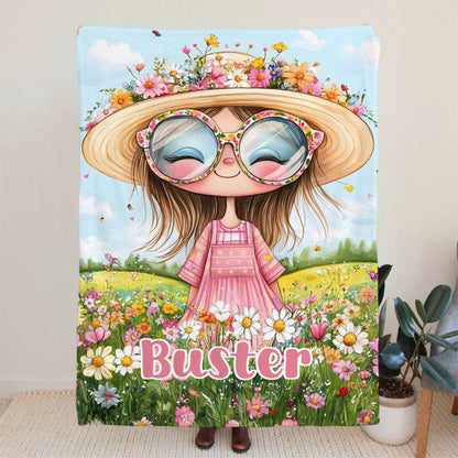 Personalized Cartoon Quirky Flower Girl Throw Blanket with Name
