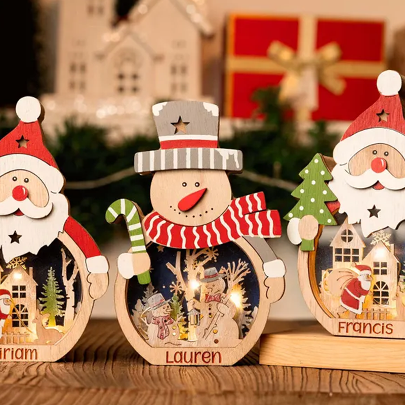 Personalized Christmas Lamp for Kids,Wooden Snowman/Santa Lantern