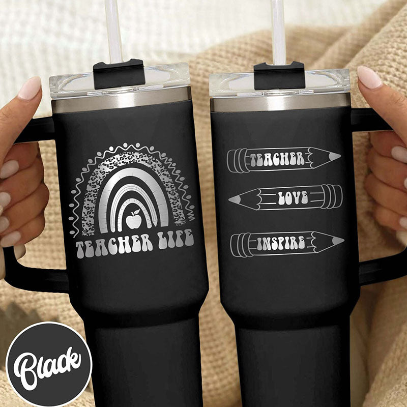 40 oz Rainbow Teacher Tumbler | Customized "Teach Love Inspire" | Insulated Educational Gift
