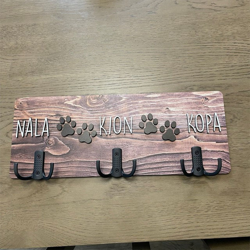 Personalized Dog Wood Leash Holder for 2/ 3 Dogs Raised Paw Name Sign