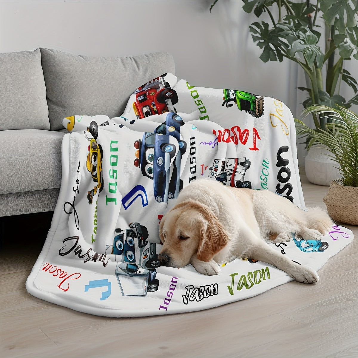 Custom Name Personalized Blanket, Cartoon Car & Engineering Vehicle Design