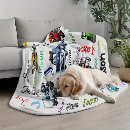 Custom Name Personalized Blanket, Cartoon Car & Engineering Vehicle Design