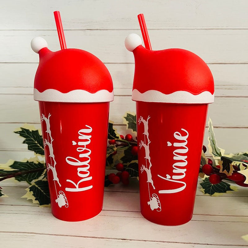 Personalised Christmas Tumbler, Christmas Cold Cup, Santa Hat Cup