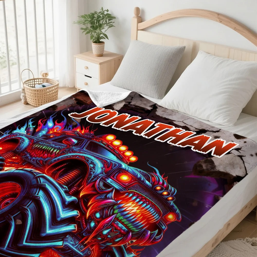 Personalized Monster Neon Truck Throw Blanket