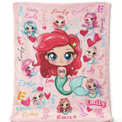 Personalized Mermaid Cartoon Blanket with Custom Name