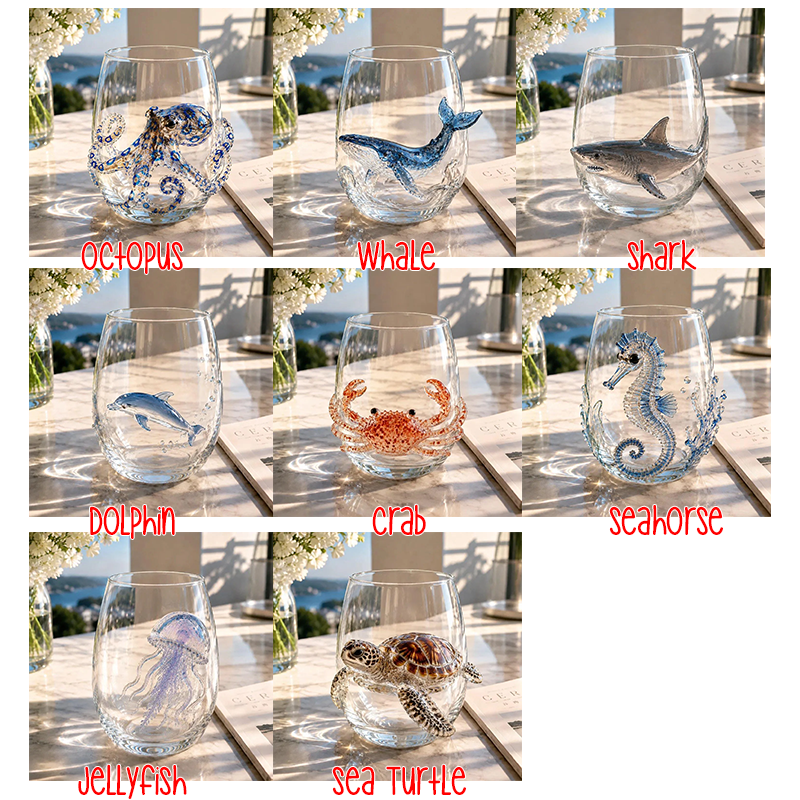 3D Ocean Animal Glass Cup, Sea Creature Glassware, Shark Turtle Dolphin Octopus Whale Jellyfish Crab Seahorse Cup