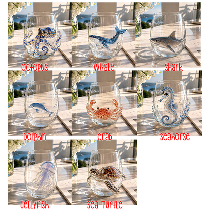 3D Ocean Animal Glass Cup, Sea Creature Glassware, Shark Turtle Dolphin Octopus Whale Jellyfish Crab Seahorse Cup