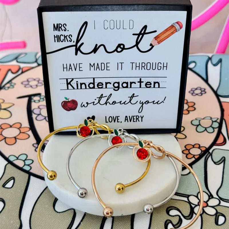 End of Year Teacher Gift Knot Bangle with apple charm, personalized Heart Card!
