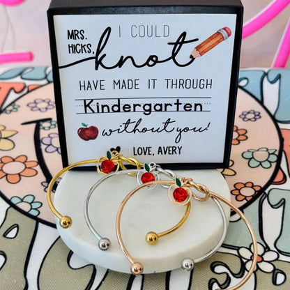 End of Year Teacher Gift Knot Bangle with apple charm, personalized Heart Card!