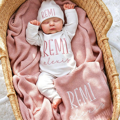Embroidered Baby Name Outfit Set with Blanket, Personalized Newborn Romper and Hat