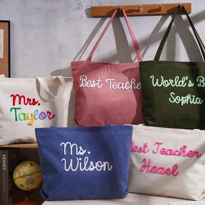 Personalized Corduroy Teacher Tote Bag,Hand Crochet Name Zipper bag