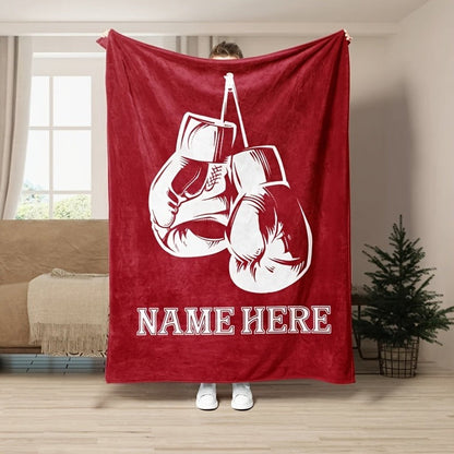 Customizable Boxing Gloves Design Throw Blanket, Personalized Name Gift